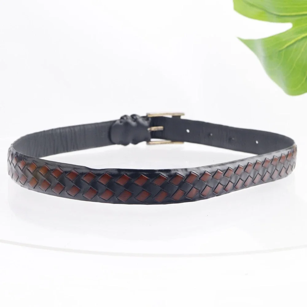 Bill Lavin Mens Belt Size 36 Black Brown Braided Woven Brass Buckle Dress